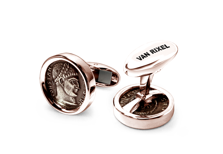 Een paar luxe, hoogwaardige, exclusieve en handgemaakte High End manchetknopen in 18 kt Roségoud met Constantijn de Grote munt - MIII
